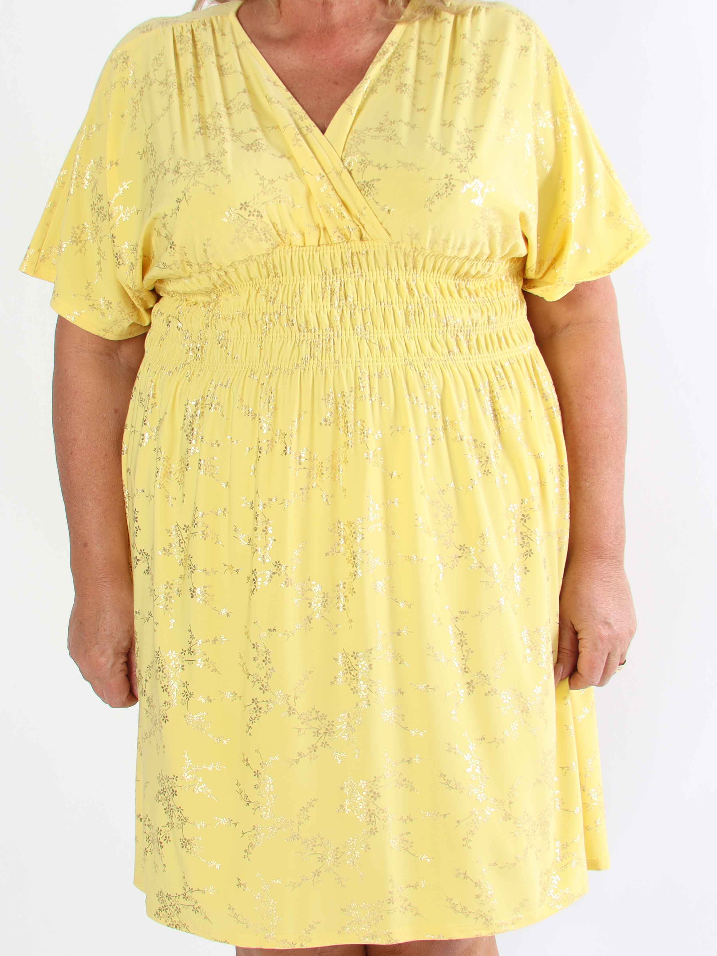 Pams Gold Short - Elastisk plus size kjole detaljeret med guld blomster